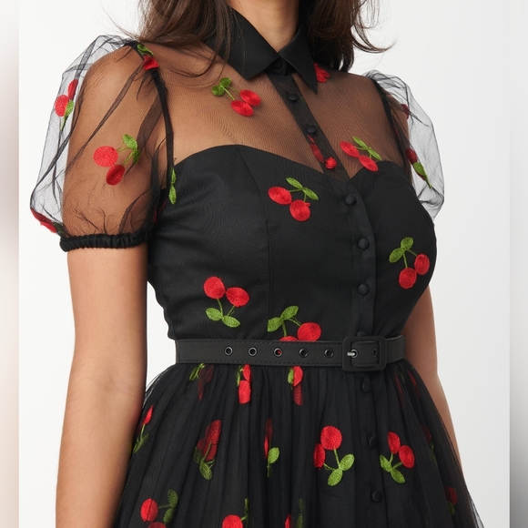 Unique Vintage Black & Red Embroidered Cherry Hollie Swing - Picture 2 of 6